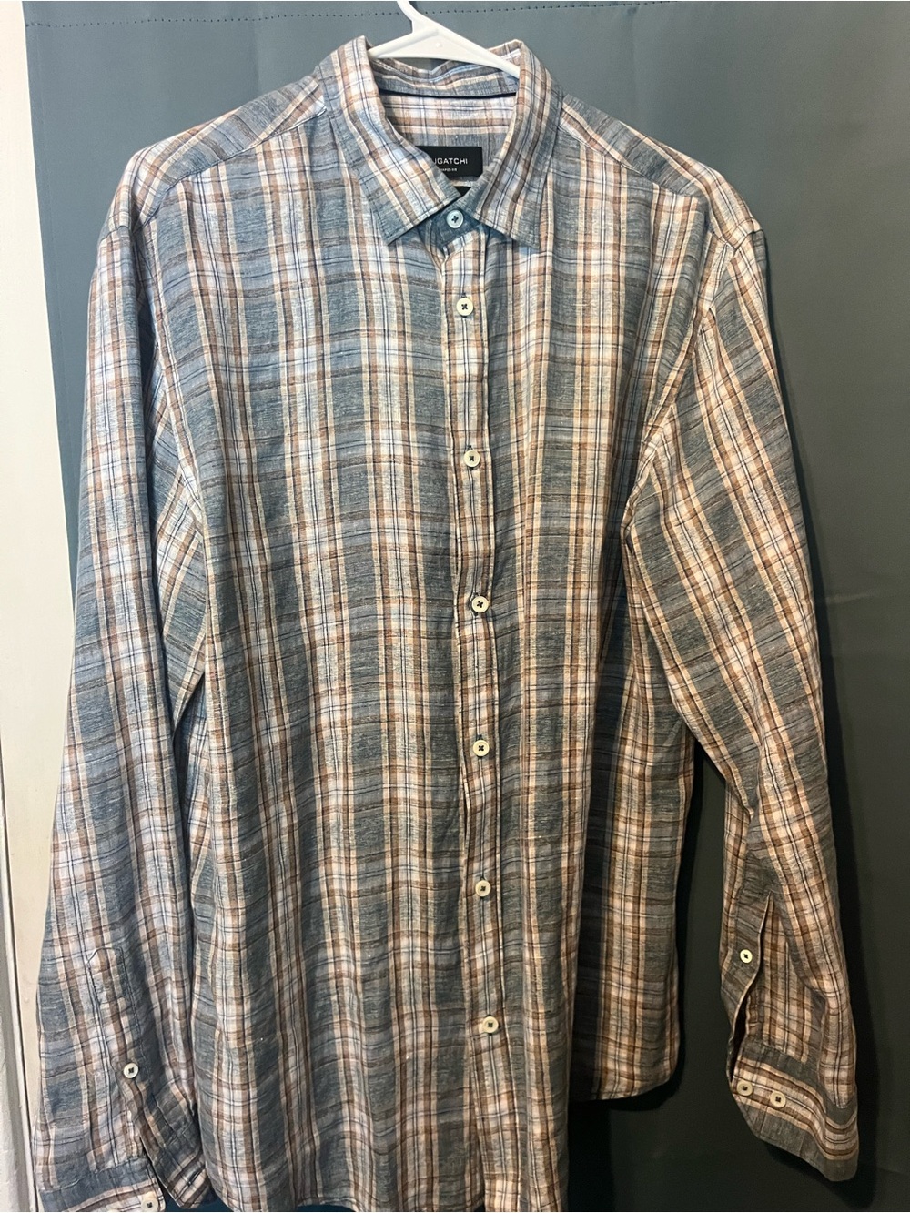 Bugatchi Men's Blue and Tan Plaid Button-Up Shirt- Shaped Fit